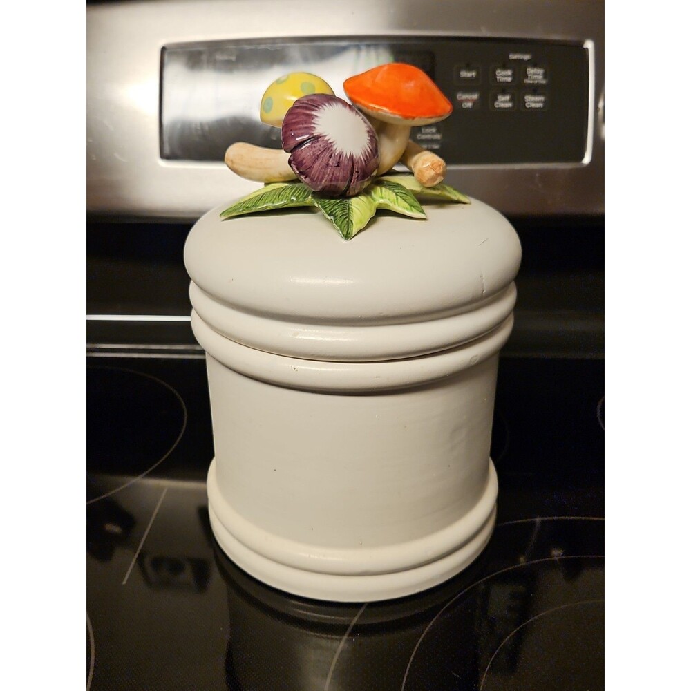 Vintage Arnart Ceramic Canister With Mushrooms Lid Large Jar 6.5" READ
